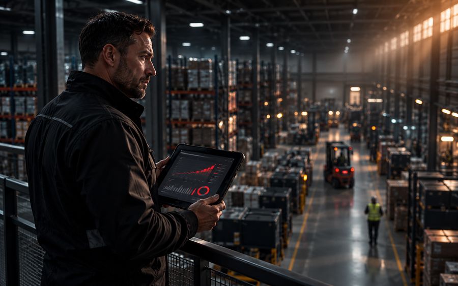 An operations manager on a warehouse mezzanine holding a rugged tablet showing a red forecasting chart, looking out over racking and a forklift on the floor below.