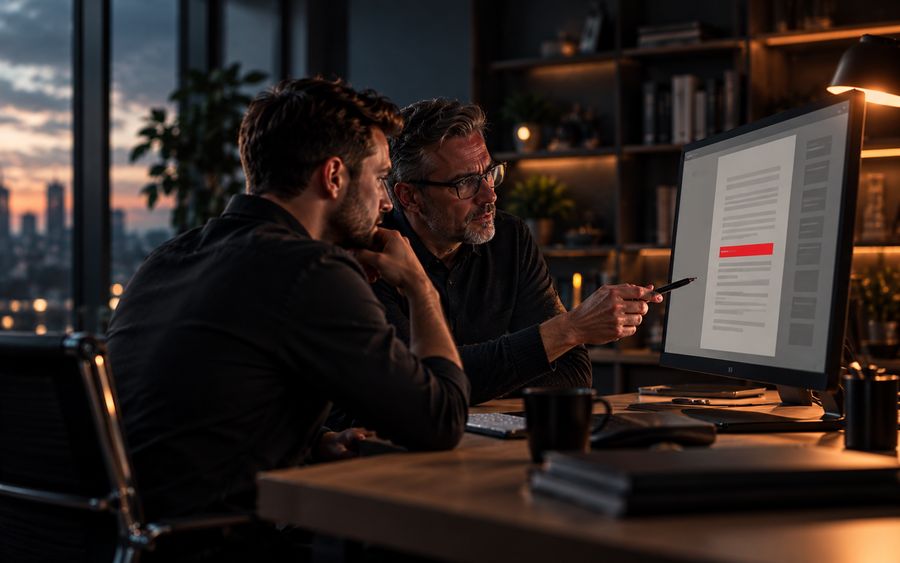 Two colleagues at a desk in a low-lit office at dusk, one pointing with a pen at a long document on a large monitor where a single passage is highlighted in red.