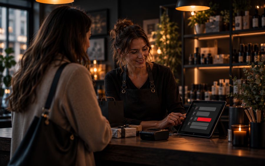 A shop owner behind a boutique counter smiling as she taps a tablet showing a chat interface, serving a customer standing opposite with a wrapped gift on the counter.