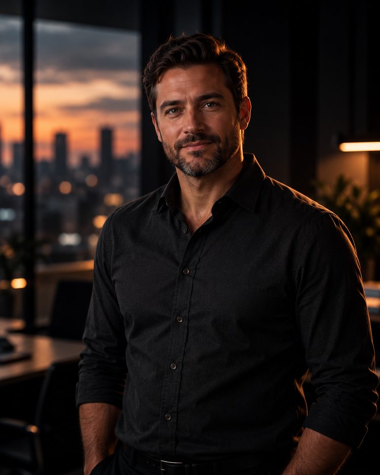 Portrait of Gary Simpson, founder of NXTGEN Consulting, in a dark shirt in a low-lit office with a city skyline at dusk behind him.