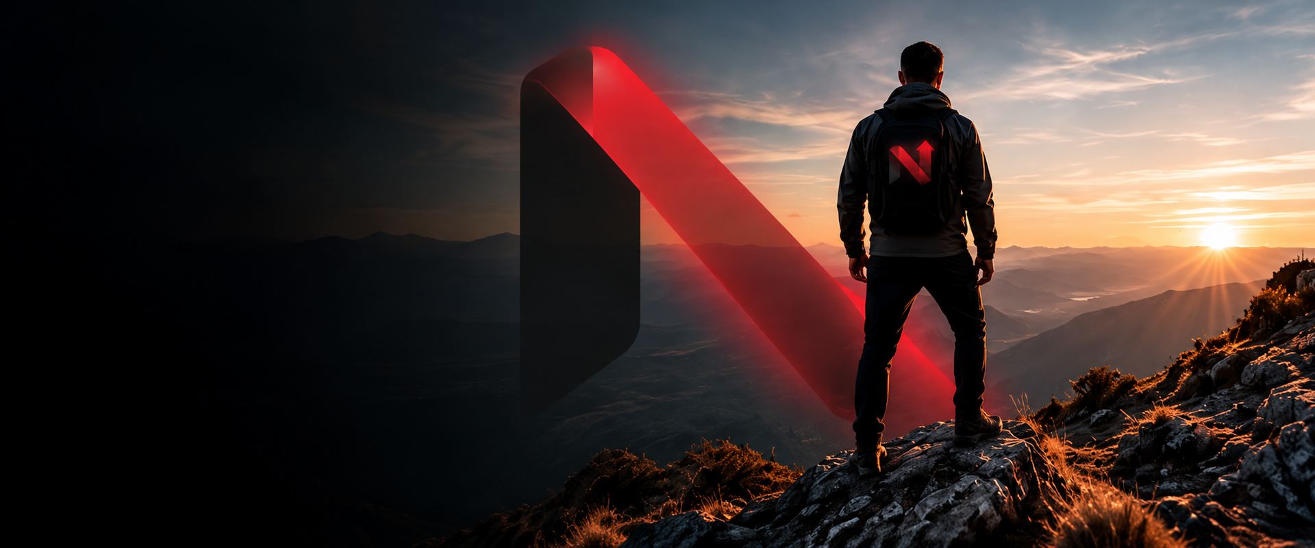 A person standing on a mountain summit at sunrise, with the NXTGEN arrow mark rising beside them.
