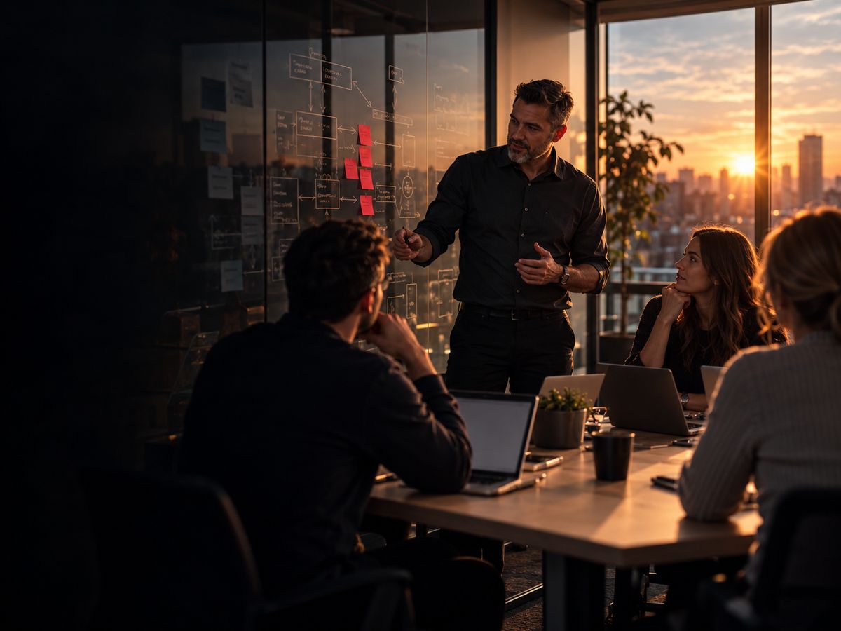 A consultant standing at a glass wall covered in hand-drawn process maps and sticky notes, talking through AI opportunities with a small business team seated around a meeting table at sunset.